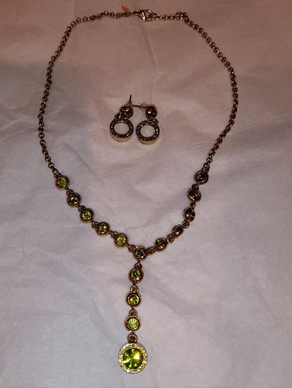 Gold-Tone Green Crystal Y-Style Necklace & Earrings Set
